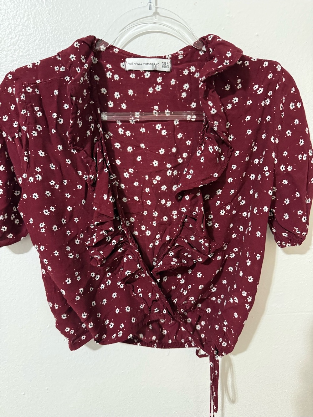 Faithfull the Brand Burgundy Floral Ruffle Wrap Blouse